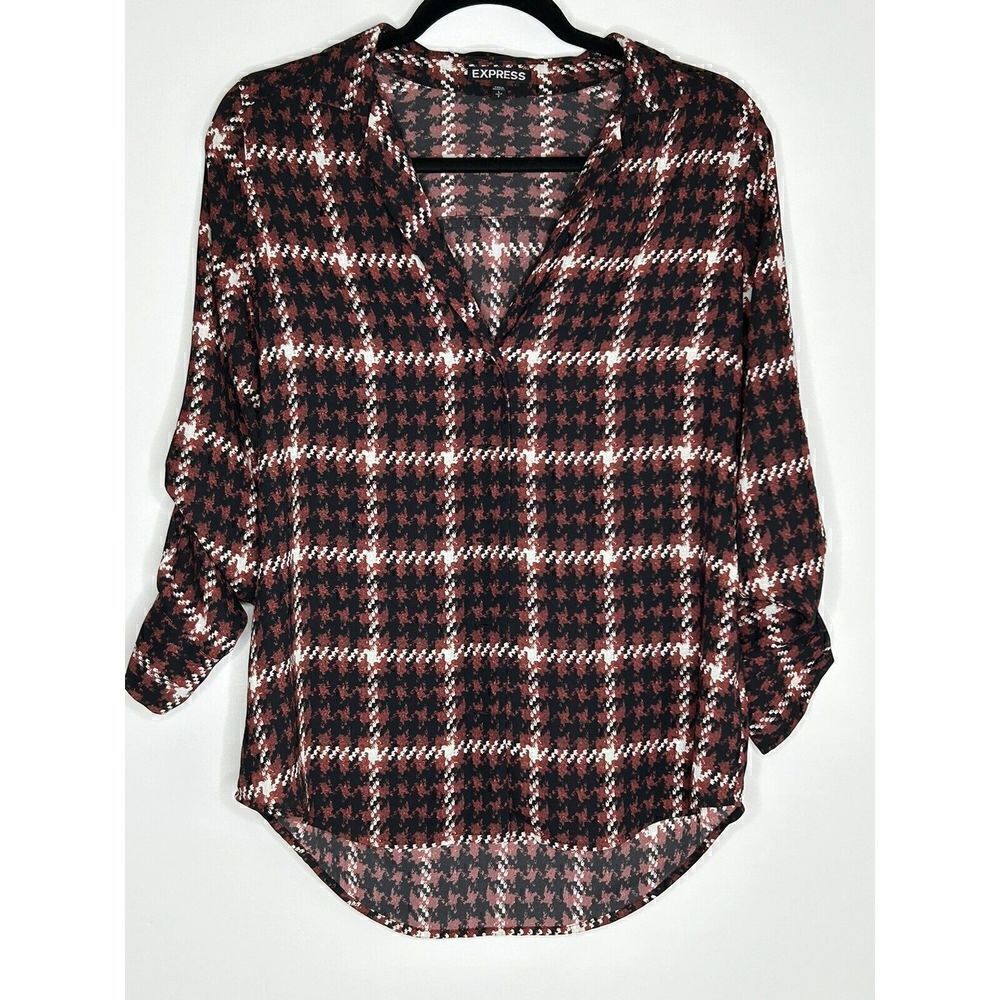 Express Button Down Red Black Plaid Print Top Shirt Blouse Size S